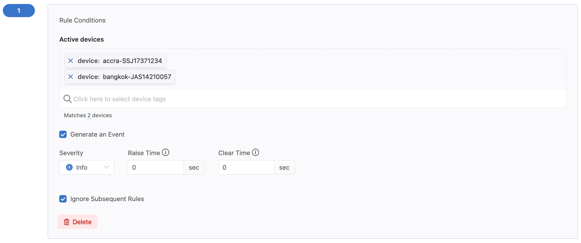 Two device tags are listed under Active devices. The Generate an Event and Ignore Subsequent Rules checkboxes are both selected