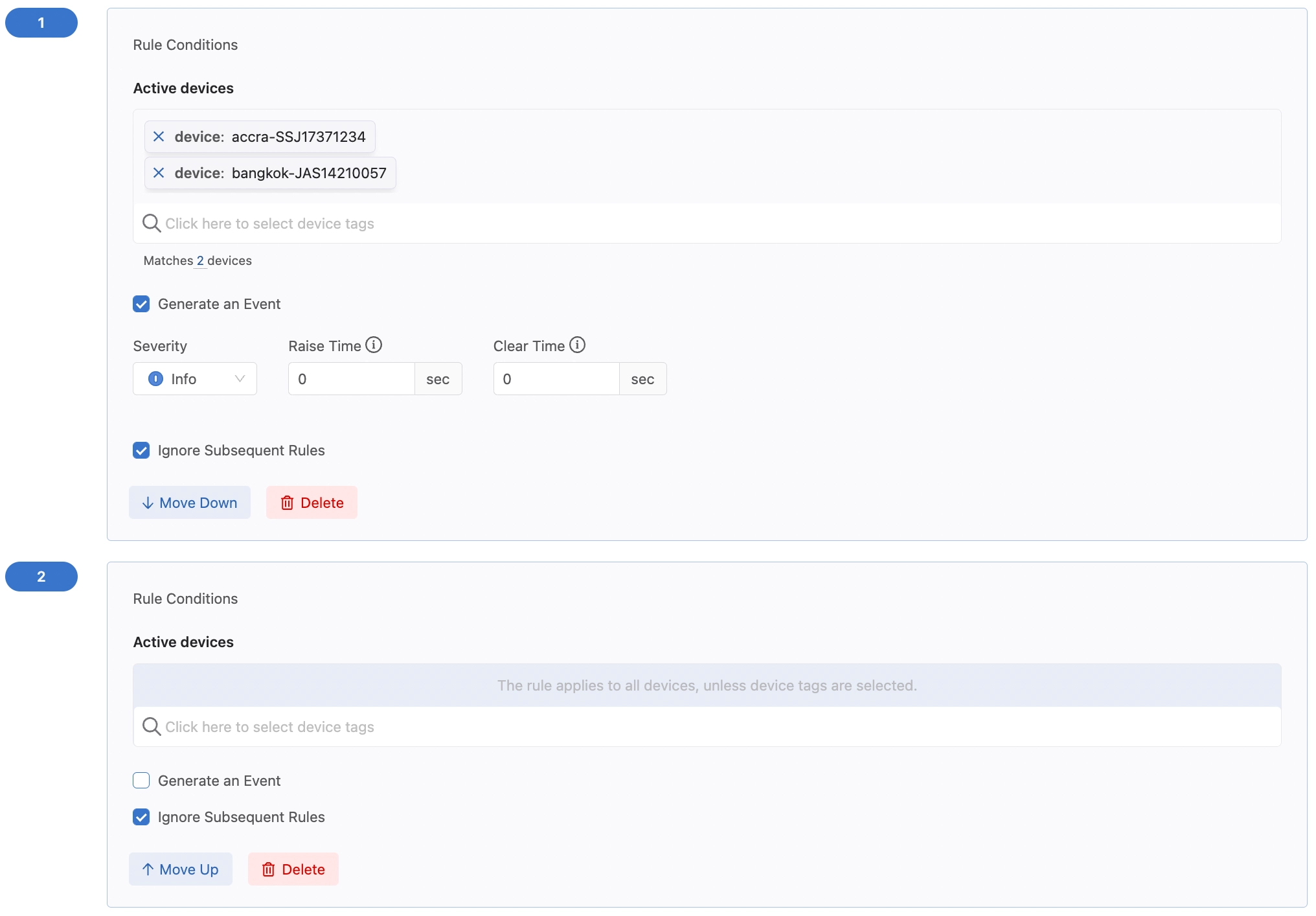 A second rule is listed beneath the first. No labels are selected, the Ignore Subsequent Rules checkbox is enabled, and the Generate an Event checkbox is not