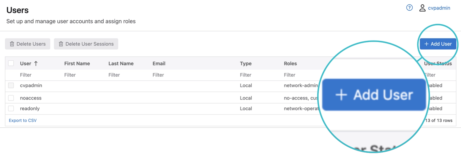 Add User button circled, magnified and overlaid